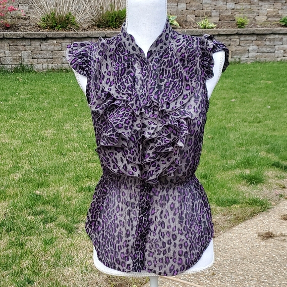 Miley Cyrus & Max Azria Tops - Miley Cyrus purple black leopard ruffle blouse L